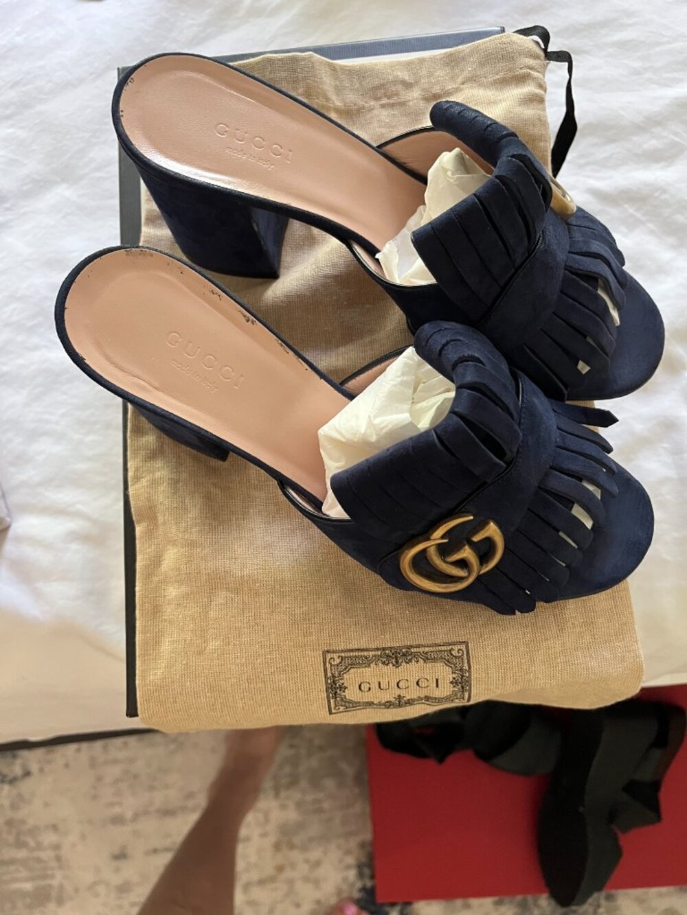 Gucci GG Marmont Fringe Suede Mule Sandals Blue Ink 38.5 w/ Box Dust Bag - Picture 8 of 10
